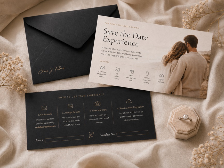 Front and back of the Save the Date Experience gift card
