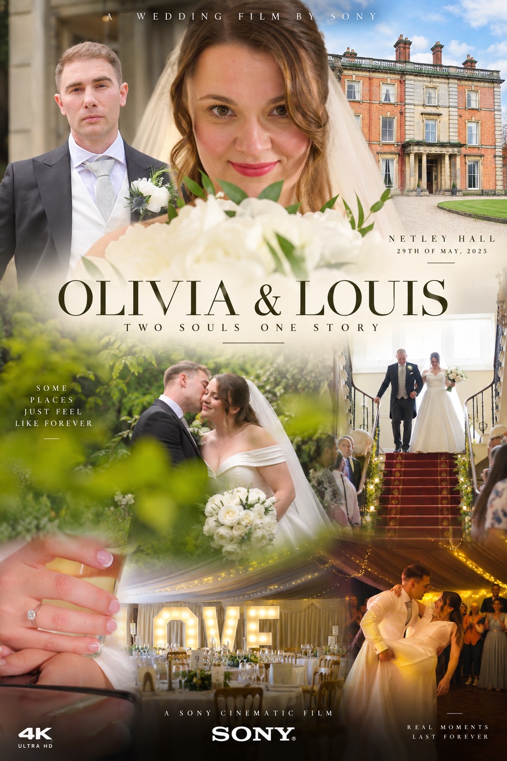 Wedding film poster for Olivia and Louis at Netley Hall