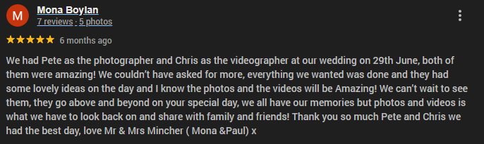 Google review showing positive feedback for wedding videography and photography