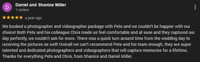 Google review testimonial for The Record wedding package