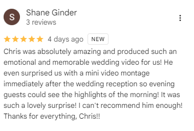 Google review from Rebekah and Shane after their Bredenbury Court Barns wedding film by ChrisJFilms